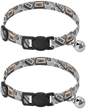 2 Pack Cat Collar Retro Cassette Tapes Black Dog Collar with Bell, Adjustable Length 10.6" to 17.1"