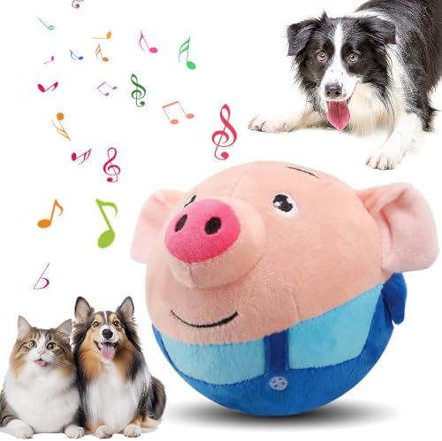 Active Moving Pet Plush Toy, Upgrade Interactive Dog Toys Talking Moving Dog Ball Toy Washable Cartoon Pig Plush Sound Electronic Herding Ball for Dogs Shake Bounce Boredom Talking Toys (Blue Pig)