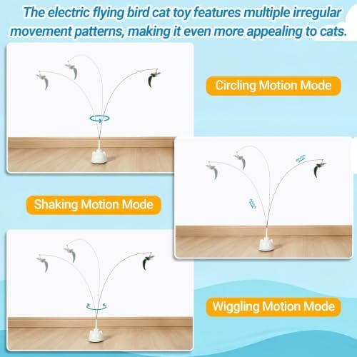 Interactive Cat Toys for Indoor Cats, Automatic 360° Spinning Cat Wand Toy, Strong Suction Cup Base, USB Rechargeable, Detachable Wand, 2 Feather Refills, 2 Speeds, 3 Modes for Cats of All Ages