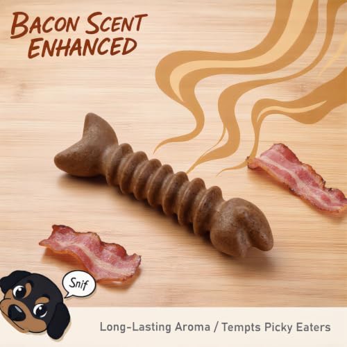 MECOOL Durable Nylon Dog Chew Toy – Bacon Flavored Fish Bone Shape for Aggressive Chewers, Tough Interactive Teething Toy for Medium Large Dogs, Long-Lasting Dental Chew Bone