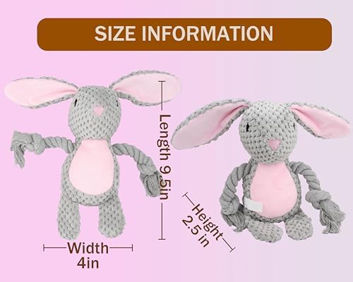 Squeaky Dog Toy Chew Plush Stuffed with Cotton Rope Crinkle Paper Soft Interactive Durable for Small Medium Large Dogs Puppy Pet Grey Rabbit
