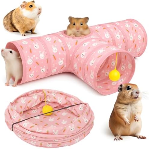 Tunnels with 3-Way Entrance - Cozy, Washable Guinea Pig Hideout - Interactive Cage Toys (Pink Bunnies)