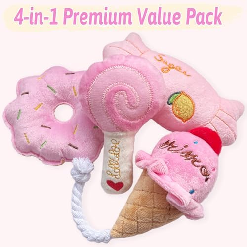 Small Dog Toys, Cute Pink Plush Dog Toy Set, Dog Squeaky Toys, Durable Dog Stuffed Toys & Dog Chew Toys for Puppies and Small Dogs