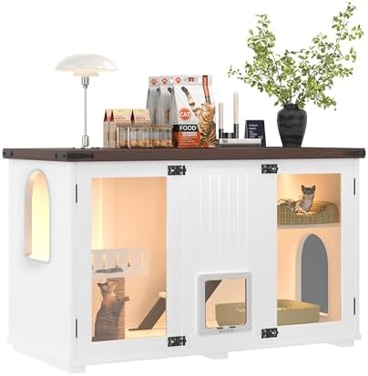 Vinsetto 47.2" Large Cat Litter Box Enclosure LED Light Cat House White