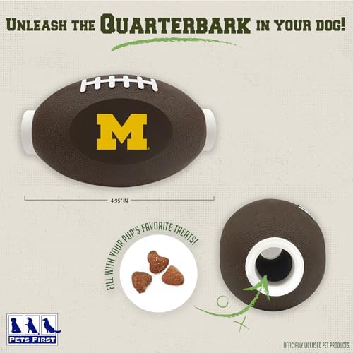 Pets First NCAA Michigan Wolverines Football Treat Dispensing Toy for Dogs and Cats, Rubber Ball Pet Toy, Interactive Fun Doggie Treat Toy, Natural Rubber Feeding Toy (MI-3622)