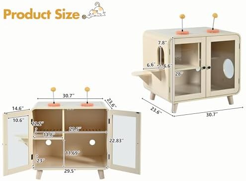 Polibi Retro TV-Shaped Cat Cabinet with RGB Smart Lighting & Pom-Pom Toys, Litter Leak Walkway & Dual Glass Doors, Multi-Functional Cat Furniture for Indoor Cats, Living Room, Beige