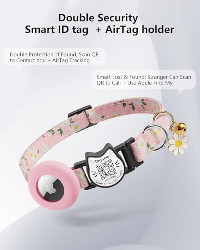 Cute Floral Breakaway Cat Collar with QR Code ID, Cotton Kitten Collar with Bell & AirTag Holder, Adjustable Safety Collar for Cats,Pastoral Style with airtag Holder(Pink)
