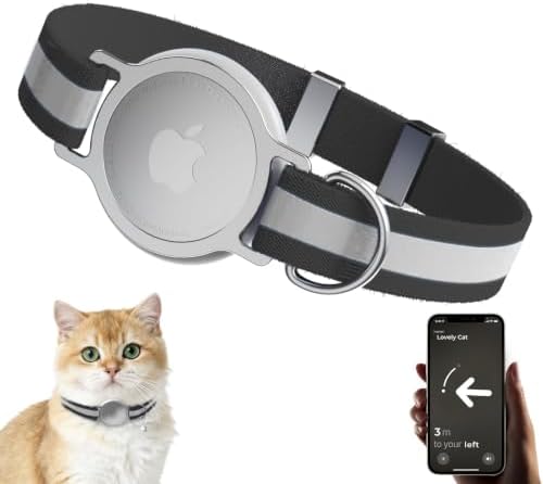 AirTag Cat Collar, Ultra Elastic Cat Tracker Collar (Reflective Black) | Compatible with Apple Air Tag Holder, Lightweight, Scratch Resistant, Stepless Adjustable Pet Tracking Collars for Cat Kitten