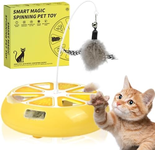 Puffluv Interactive Cat Toy,2 in 1Fruite Shape Toys with Electric Moving Concealed and Hanging Feathers Pop and Play Hide Seek, Hunting,Tpye-C Rechargeable-Yellow Lemon