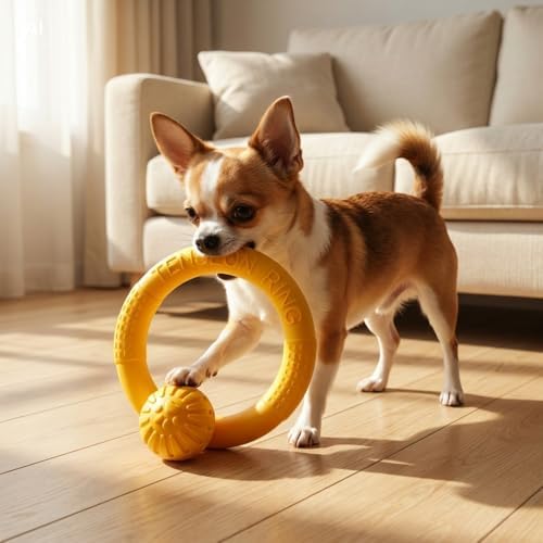Small Dog Ball with Strap, Floating EVA Interactive Toy（Yellow，Small）