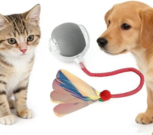 RightBliss Automatic Interactive Cat Dog Toy with Elastic Tail: Chirping Sound, Smart Obstacle Avoidance for Indoor Cats & Kittens(Feathered-Tail Gray Ball)