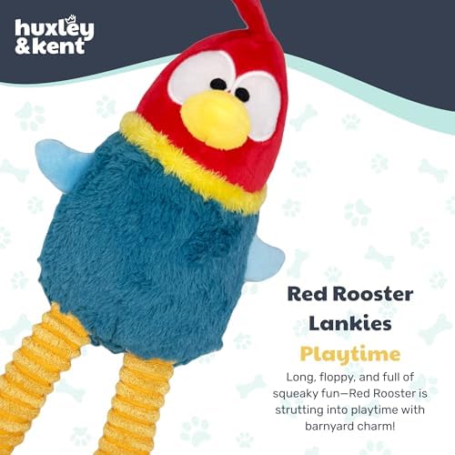 Huxley & Kent Funny Dog Toy w/Squeaker – Power Plush Squeaky Dog Toys for Small, Medium & Large Dogs – Soft Stuffed Animal for Indoor Play & Fetch - Squeak to Crunch - Lankies Red Rooster, Small