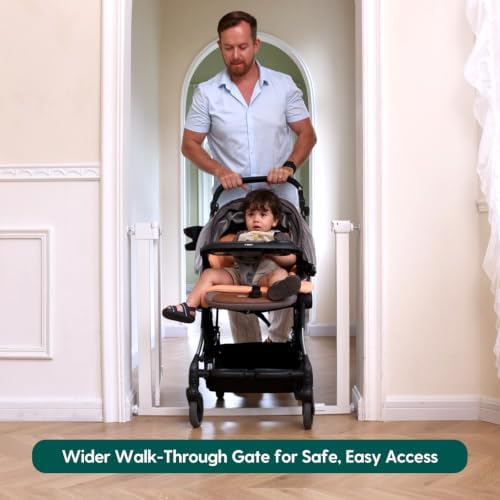 Babelio 36-56" Extra Wide Baby Gate for Stairs No Drilling, PressGuard II | Pressure/Wall Mount, Dual Lock with Indicator, Auto Close, Heavy Duty, Easy Install for Doorways, Kitchens, Hallway, White