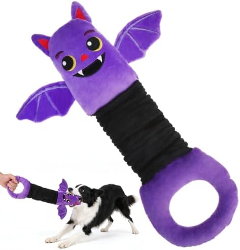 EXPAWLORER Halloween Squeaky Dog Toy - Durable Interactive Plush Bat with Squeaker & Crinkle, Stretchy Tug of War Toy for Small Medium Large Dogs to Keep Them Busy - Soft Pet Teething Stuffed Animal