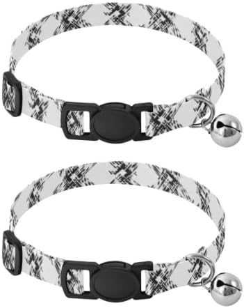 2 Pack Cat Collars Classic Black White Tartan Plaid Cat Collar Breakaway with Bell, Adjustable Length 10.6" to 17.1"
