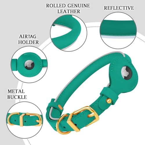 OOPSDOGGY Rolled Leather Dog Collar with Airtag Holder - Reflective Round Airtag Dog Collar - Soft Tracking Pet Collar for Small Dogs Puppy Cats Kitten (Teal, XXS, 7"-9")