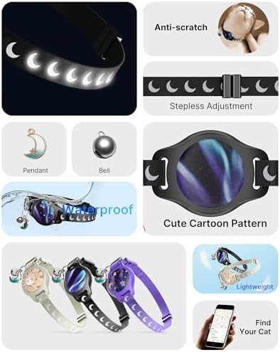 typecase Reflective Breakaway Cat Collar with AirTag Holder, Black/Blue | Black Reflective Breakaway Cat Collar With Bell And Silicone AirTag Holder; Adjustable 8-12 In; AirTag Not Included