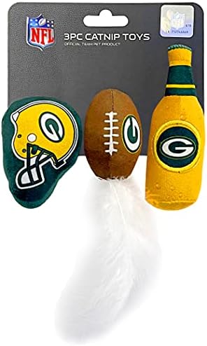 BEST PLUSH CAT TOY - NFL GREEN BAY PACKERS Complete Set of 3 piece Cat Toys filled with Fresh Catnip. Includes: 1 Helmet Cat Toy, 1 Football Cat Toy with Feathers & 1 Beer Bottle. Beautiful Team LOGOS