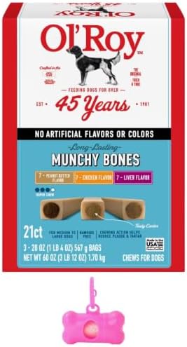 Ol Roy Munchy Bones Dog Treats, Chicken, Peanut Butter & Liver, No Artificial Flavors or Colors, 60 oz, 21 Count with Bone Waste Bag Dispenser and Roll
