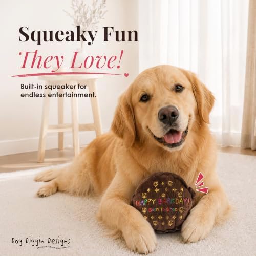 Dog Diggin Designs Chewy Vuiton Barkday Cake Plush Dog Toy | Luxury-Inspired Parody Designer Cake with Squeaker, Soft Plush Celebration Dog Toy – Prêt-à-Porter Play!