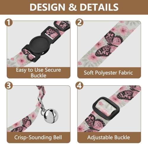 Butterflies Flowers Pale Leaf Small Dog Collar 2 Pack Collars for Cats Adjustable Length 10.6" to 17.1"