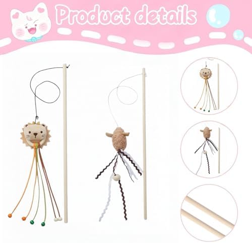 2-Pack Cat Toy Wand Set: Interactive Cat Teaser Wands with Bells and Streamers to Engage Your Cat’s Natural Instincts (Lion and Mouse)