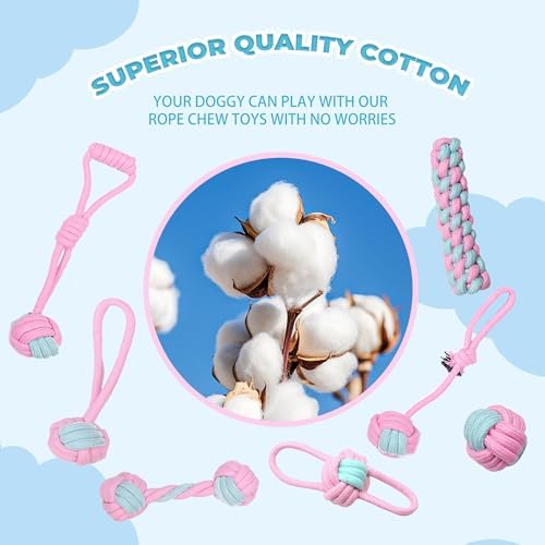 7 Pack Dog Rope Toys, Interactive Tough Chew Toys for Small and Medium Dogs, Clean Teeth and Relieve Boredom, Tug of War, Aggressive Chewers, Cotton Rope Knot Puppy Dental Toy, Pink