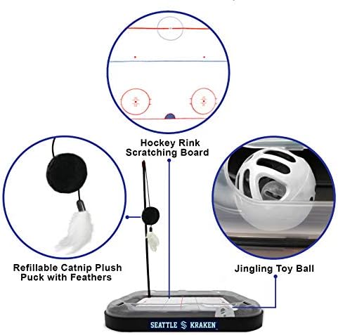 Cat Scratching Toy Hockey Field ICE HOCKEY RINK Cat Scratcher Toy with Interactive Cat Ball Bell in Tracks. 5-in-1 CAT TOY: Cat Wand Poll, CATNIP FILLED Plush Hockey Puck & Feathers