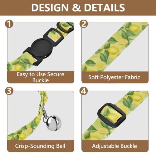 Yellow Lemons Green Leaf Collars for Cats, 2 Pack Kitten Collar with Bell