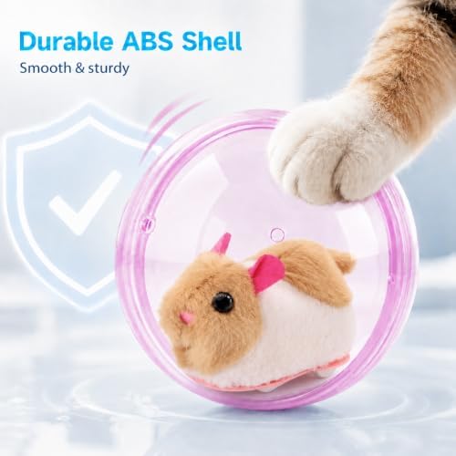 Self Rolling Interactive Cat Ball, Automatic Moving Cat Toy with Plush Animal Inside, 360° Rolling Cat Chasing Ball with Transparent Ball for Cats Dogs Small Pets (Pink,White/Brown Mouse)