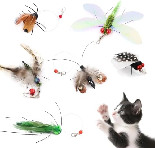 SONGWAY Cat Toy Wand Attachments - 6 Pieces Realistic Cat Bug Toy, Cat Feather Toy Refills, Interactive Flying Bug Dragonfly Cat Toys for Indoor Cats Kittens