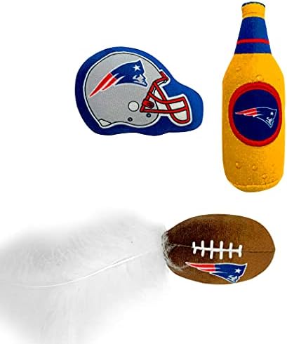 BEST PLUSH CAT TOY: NFL NEW ENGLAND PATRIOTS Complete Set of 3 piece Cat Toys filled with Fresh Catnip. Includes: 1 Helmet Cat Toy, 1 Football Cat Toy with Feathers & 1 Beer Bottle all with Team LOGOS