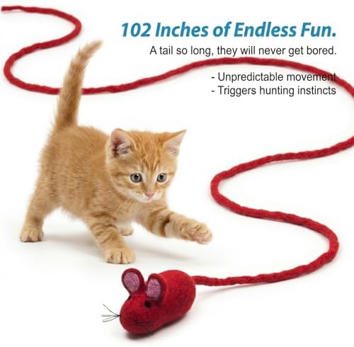Glaciart One Felt Mouse Cat Toy – Soft Fuzzy Enrichment 100% Natural Wool - Interactive Catnip Play Cat Toy Set - Safe for Pets, Non-AZO Colored Dyes - 100” Long