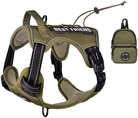 Petmolico No Pull Dog Harness, 2 Leash Clips Tactical Dog Harness Soft Padded Reflective Service Dog Vest with Dog Treat Pouch for Outdoor Walking Training, Army Green Medium