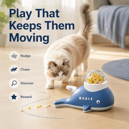 Interactive fuzzibud cat Treat Toy & Duck Treat Dispenser for Dogs - Slow Feeder cat Feeder Puzzle for Boredom Relief, Puzzle Toy with 3 Lids (Little Whale Food Spiller)