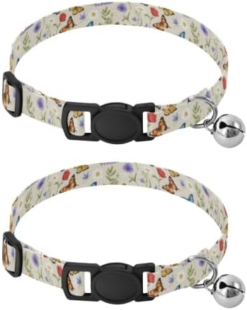Colorful Butterflies Wildflowers Beige Decorative Pet Collar with Bell 2 Pack Cats Collar Adjustable 10.6 to 17.1 Inches