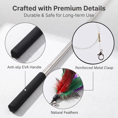 Cat Wand Attachments - Colorful Natural Feather Cat Toy Refills with Bells, Feather Wand Cat Toys for Compatible Teaser Wands (4feather+4wand)