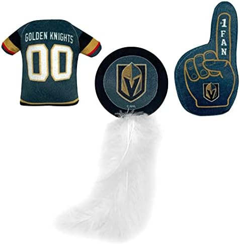 NHL LAS VEGAS GOLDEN KNIGHTS 3pc Cat Toy Set - Jersey, Hockey Puck & #1 Fan Toys, Filled with Catnip. Team Logo