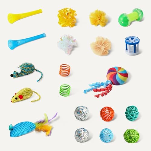 Amazon Basics Cat Toy Set, 20 Piece Variety Pack with Teaser, Ball, Feather, Spring