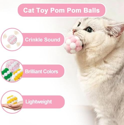 Cat Toy Balls with Crinkle Sound 3-Pack, 2-Inch Soft Plush Pom Pom Balls for Indoor Cats & Kittens, Colorful Fuzzy Interactive Chewing Toys for Hunting Playing, No Catnip