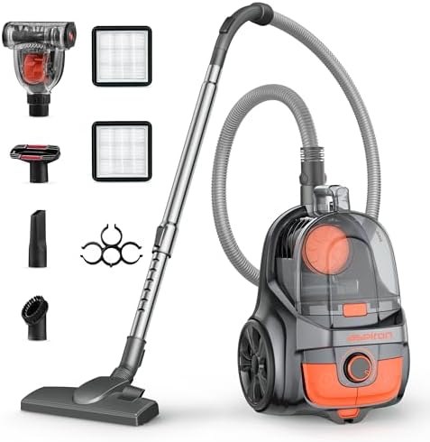Aspiron Canister Vacuum, Upgraded 1600W Bagless Canister Vacuum Cleaner | Auto Cord Rewind, H13 HEPA Filter, 4Qt Large Capacity, 5 Tools for Hard Floors, Carpet, Pet, Upholstery, Tiles, Honey