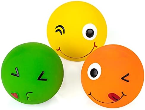 CHIWAVA 3PCS 2.7'' Latex Squeaky Dog Toy Smiley Face Balls for Medium Dogs