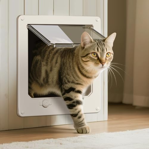 LIBBEPET Thin Interior Cat Door, 4 Way Locking Flap for Cats ≤18 lbs, Large | Fit Doors 0-0.8" Thick, Outer Size 9.3"x10.6", Anti Escape Rotating Lock, Magnetic Auto-Reset Flap, Weatherproof Brush Strips