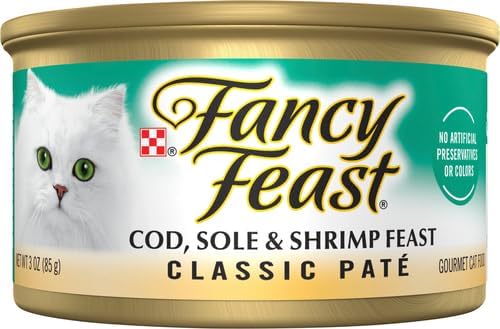 Fancy Feast Purina Cod, Sole and Shrimp Feast Classic Grain Free Wet Cat Food Pate - 3 oz. Cans (Pack of 48)