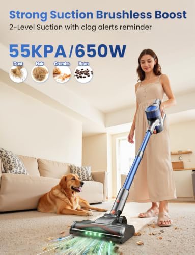Dzaki Cordless Stick Vacuum Cleaner, 650W 55KPa Brushless Motor, 60-Min Runtime, Detachable Battery, Anti-Tangle, Self-Standing, Vacuum Cleaners for Home, Pet Hair, Carpet & Hardwood Floors
