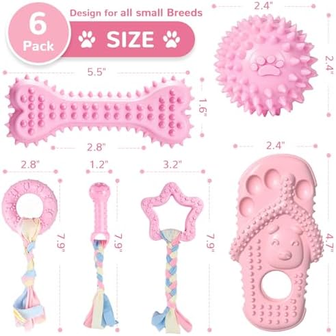 Puppy Chew Toys 6 Pack for Small Dogs, Teething Toys for Puppy Easy Clean Rubber Bone Star Stick Donut Slipper Spiky Ball Set for Small Breed Teething Relief (Dogbed not Included)