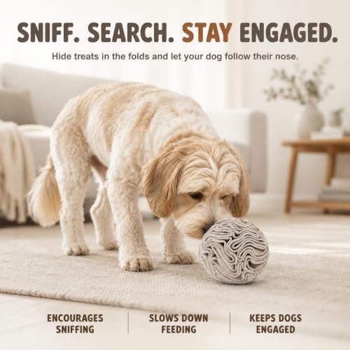 Light Brown Snuffle Ball for Dogs, Slow Feeder Mental Enrichment Toy for Small, Medium Dogs, Discreet Color Interactive Puzzle Game for Anxiety Relief & Indoor Fun, Machine Washable