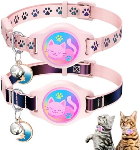 Airtag Cat Collar Breakaway, 2 Pack Cat Collar with Apple Airtag Holder | Reflective Waterproof Cat Collar with Bell, Easy Tracker with Airtag Collar, Adjustable 8-12In Lightweight & Comfortable