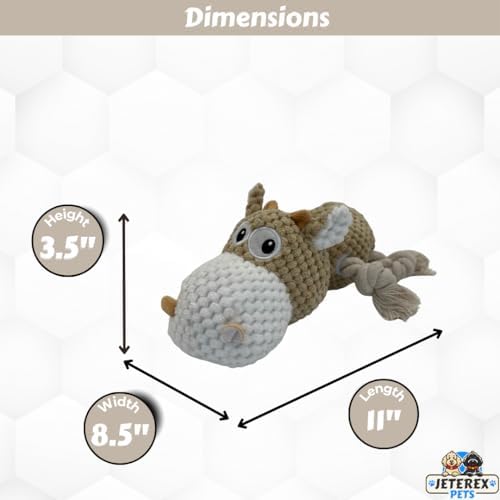 Large Dog Toy - Tan Cow Squeaky Dog Toys for Large Dogs, Medium and Small Dogs. Durable with Pineapple Plush Fabric, Rope Legs, Hidden Seams, Reinforced Stress Points, Embroidered Eyes