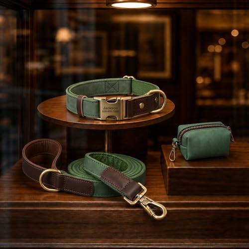 Personalized PU Leather Dog Collars,Quick Release Buckle,Green,XL